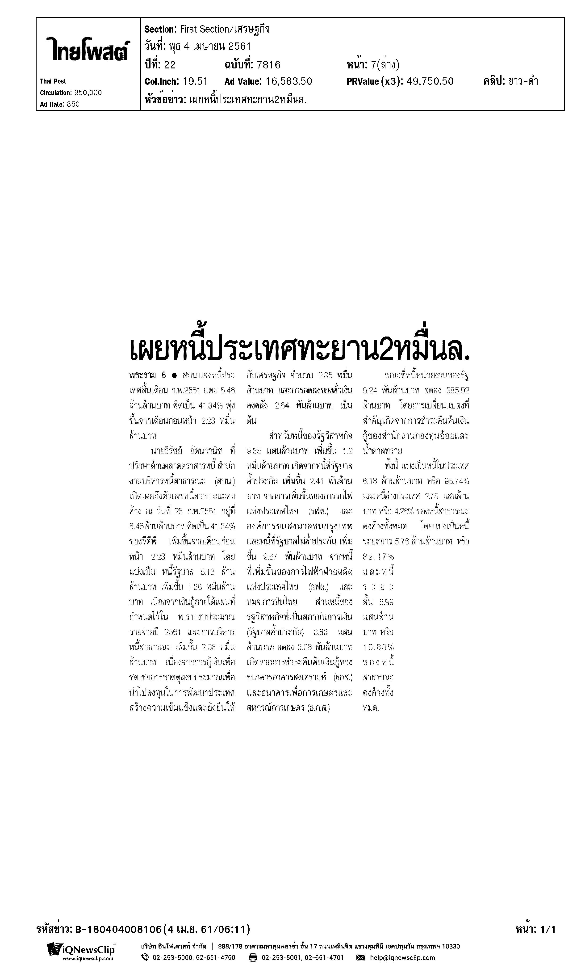 เผยหนี้ประเทศทะยาน 2 หมื่นล.