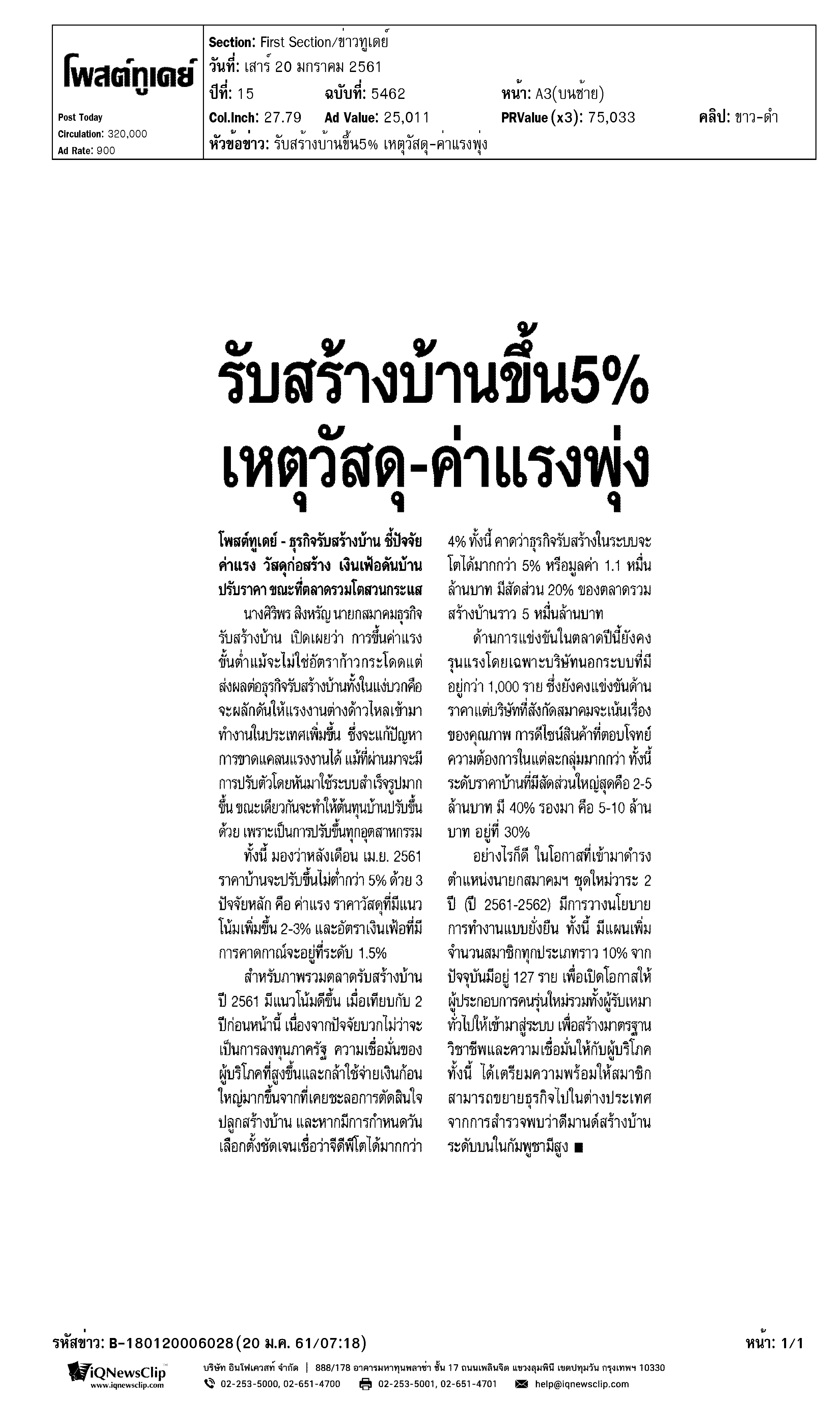 โพสต์ทูเดย์ - รับสร้างบ้านขึ้น 5% เหตุวัสดุ-ค่าแรงพุ่ง