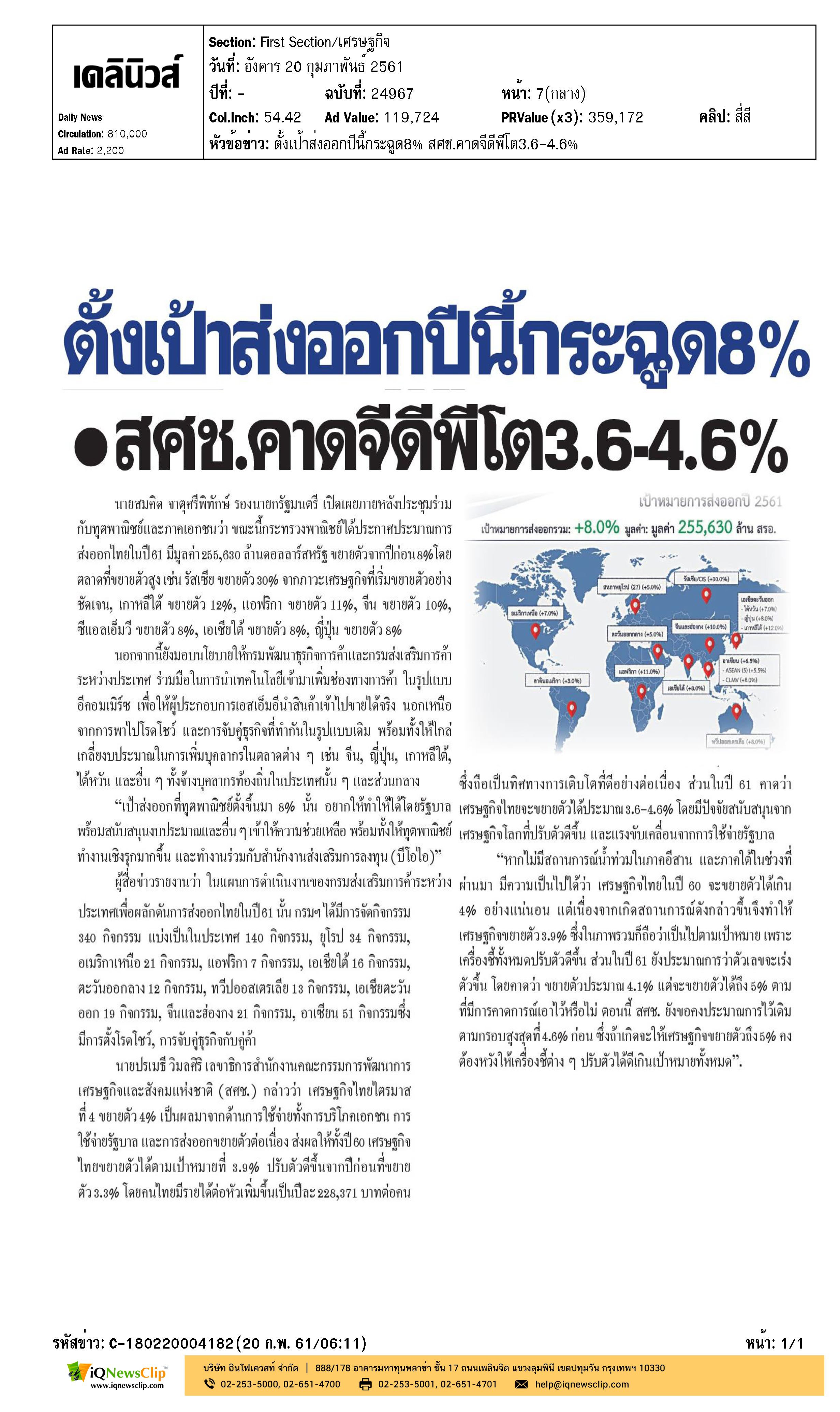 เดลินิวส์ - ตั้งเป้าส่องออกปีนี้กระฉูด 8% สศช.คาดจีดีพีโต 3.6 - 4.6% 