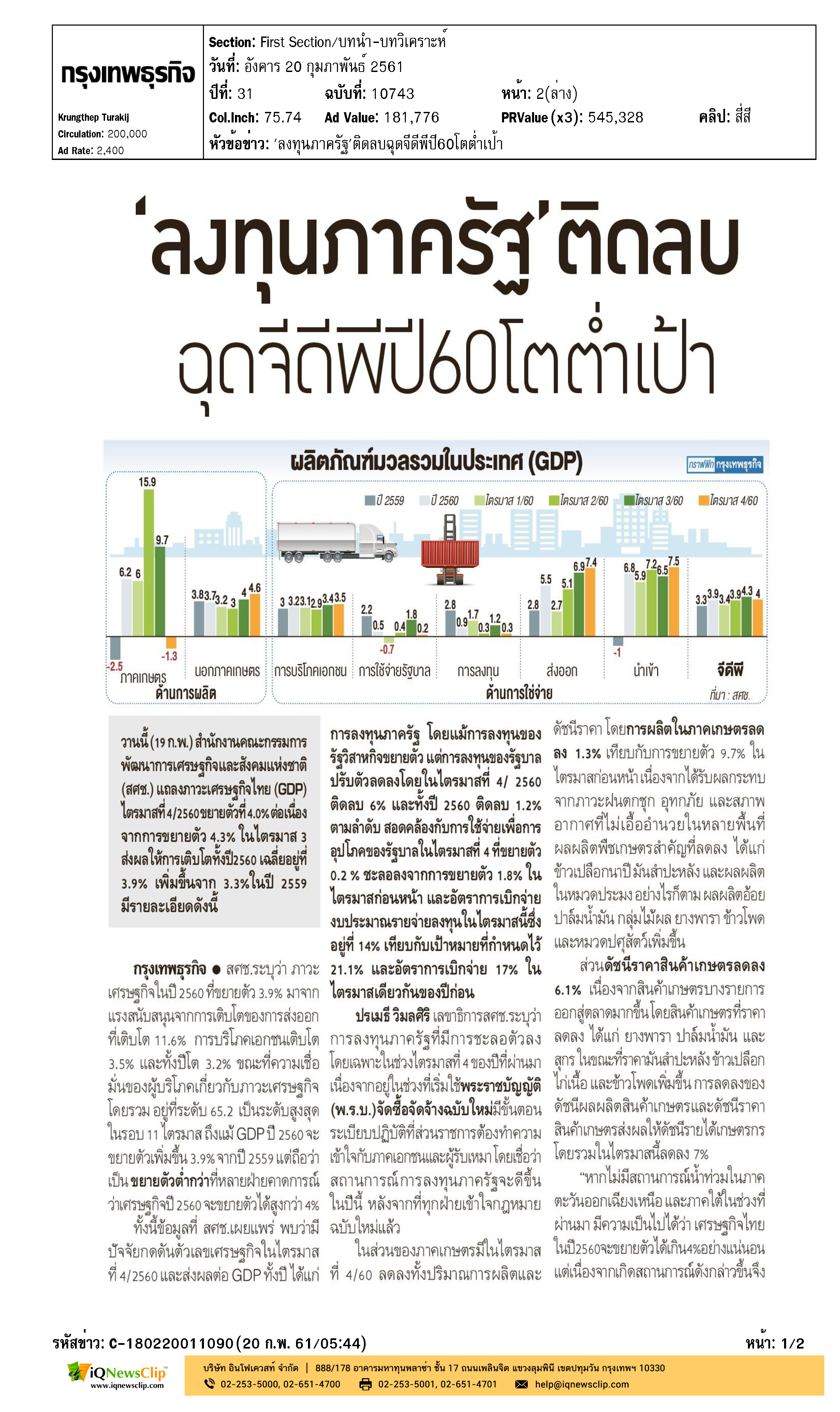 กรุงเทพธุรกิจ - 'ลงทุนภาครัฐ' ติดลบฉุดจีดีพีปี 60 โตต่ำเป้า